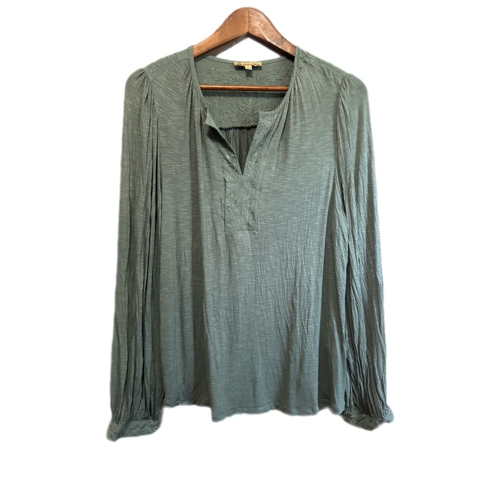 Democracy Embroidered Boho Top‎ Womens Large Sage Green Excellent Slub Knit